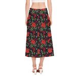 Poinsettia Flower Pattern Print Side Slit Midi Skirt