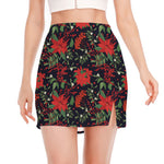 Poinsettia Flower Pattern Print Side Slit Mini Skirt