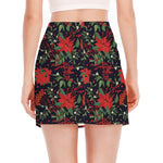 Poinsettia Flower Pattern Print Side Slit Mini Skirt