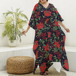 Poinsettia Flower Pattern Print Silk V-Neck Kaftan Dress
