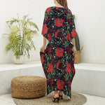 Poinsettia Flower Pattern Print Silk V-Neck Kaftan Dress