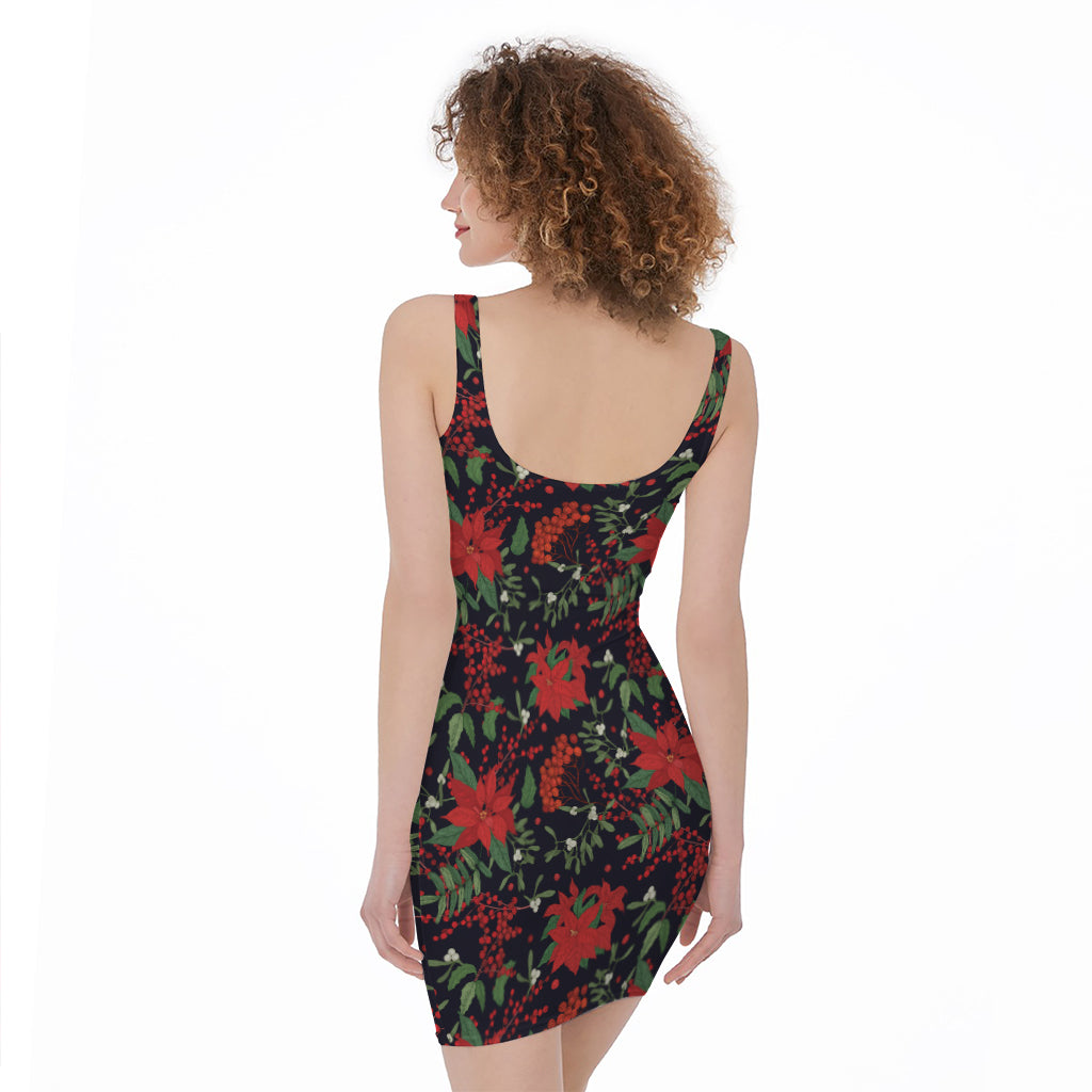 Poinsettia Flower Pattern Print Sleeveless Bodycon Dress