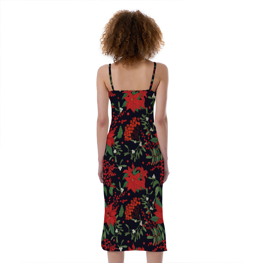 Poinsettia Flower Pattern Print Slim Fit Midi Cami Dress