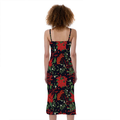 Poinsettia Flower Pattern Print Slim Fit Midi Cami Dress