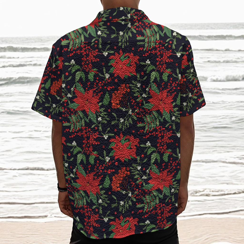 Poinsettia Flower Pattern Print Textured Short Sleeve Shirt