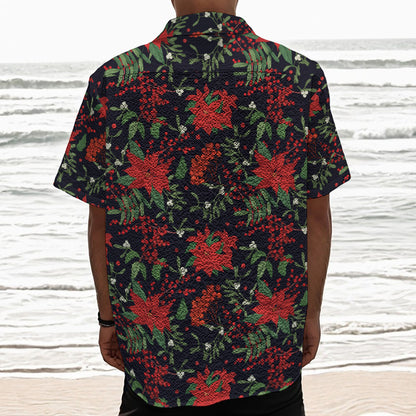Poinsettia Flower Pattern Print Textured Short Sleeve Shirt