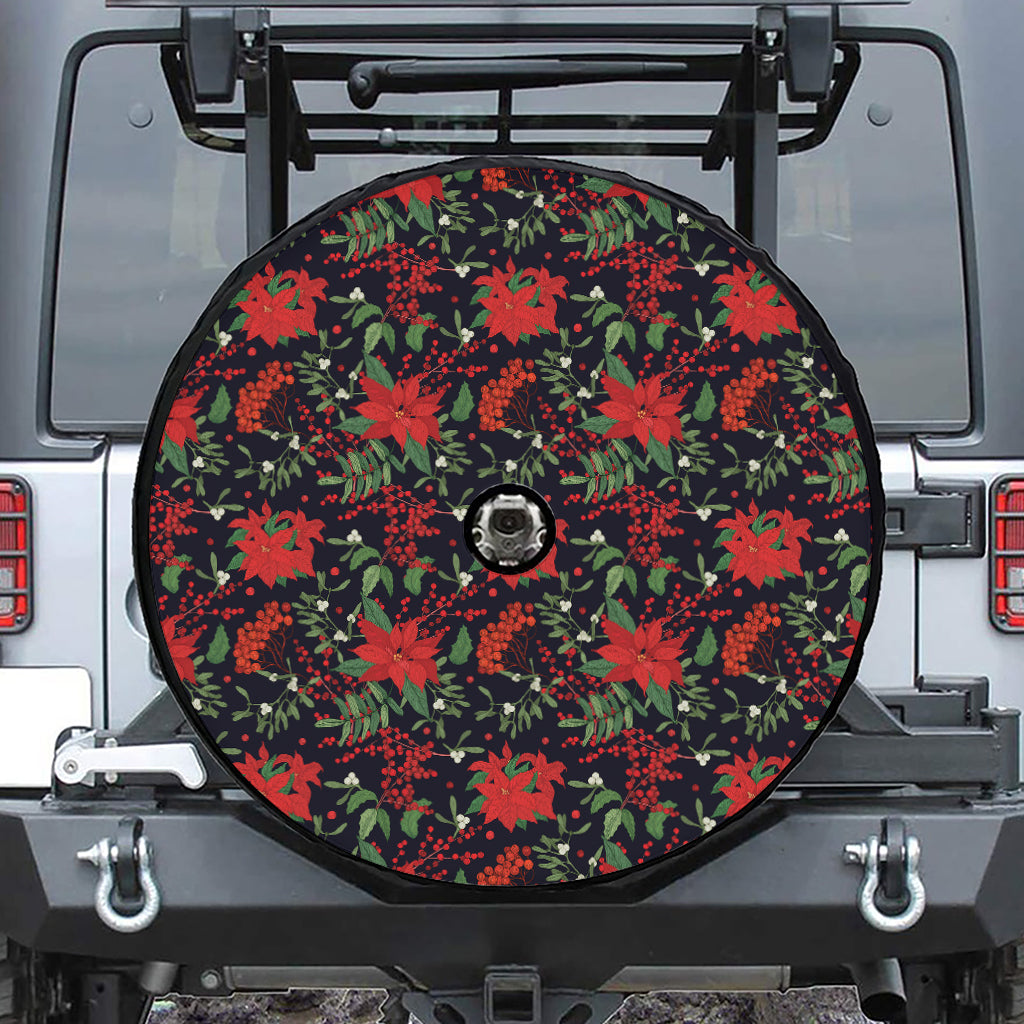 Poinsettia Flower Pattern Print Tire Cover With Camera Hole