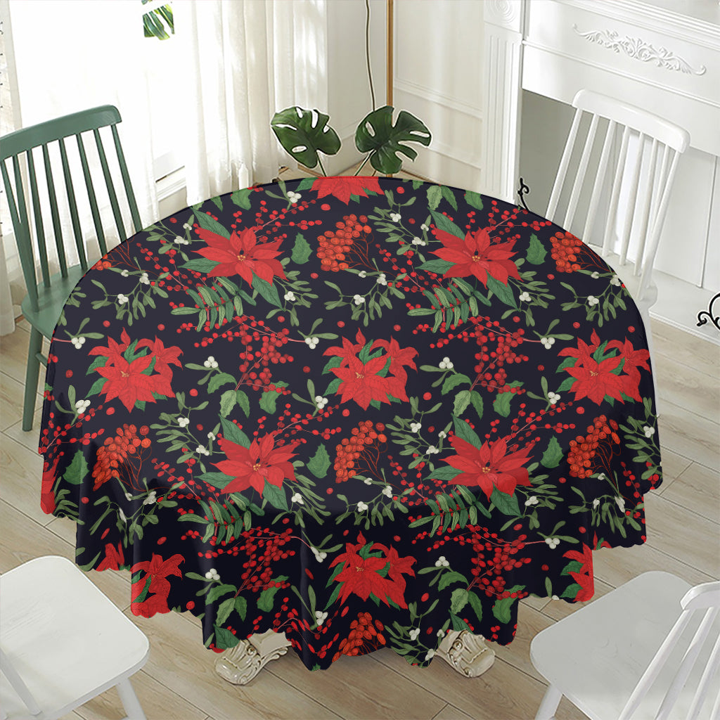 Poinsettia Flower Pattern Print Waterproof Round Tablecloth
