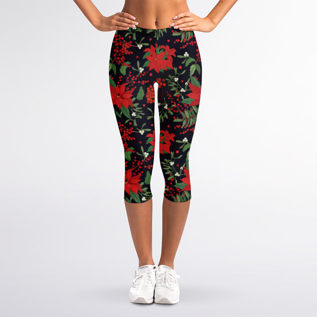 Poinsettia Flower Pattern Print Women's Capri Leggings