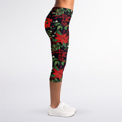 Poinsettia Flower Pattern Print Women's Capri Leggings