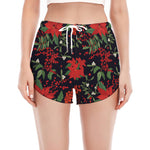 Poinsettia Flower Pattern Print Women's Split Running Shorts