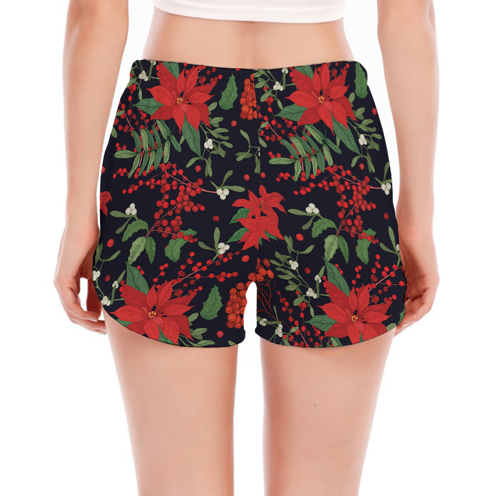 Poinsettia Flower Pattern Print Women's Split Running Shorts