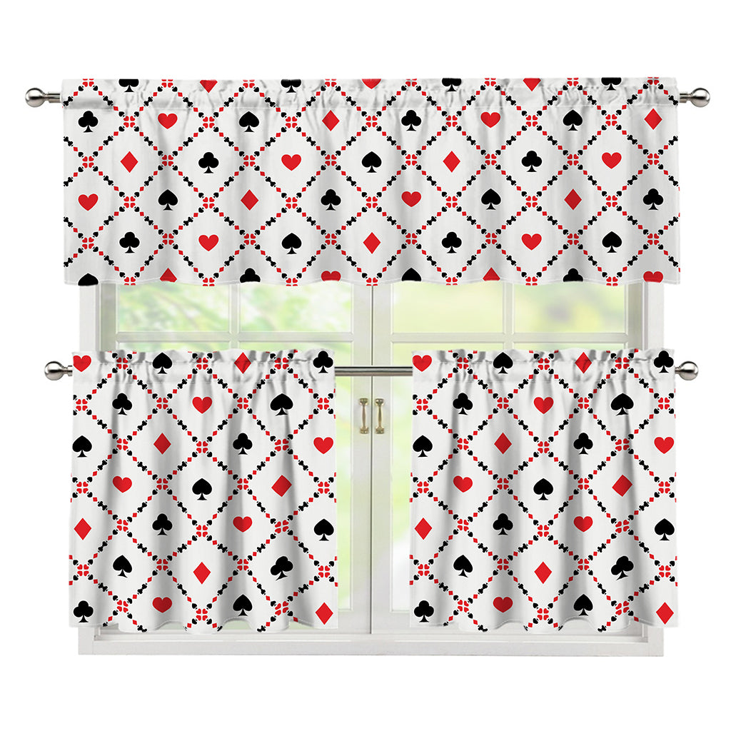 Poker Playing Card Suits Pattern Print 3 Piece Kitchen Curtains