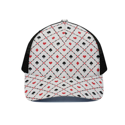 Poker Playing Card Suits Pattern Print Black Mesh Trucker Cap