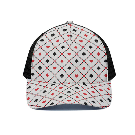 Poker Playing Card Suits Pattern Print Black Mesh Trucker Cap