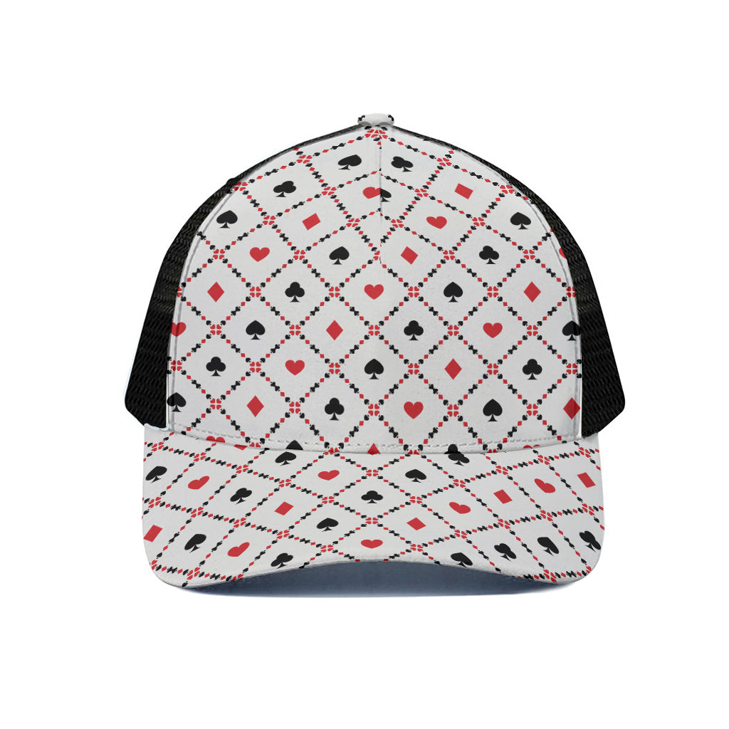 Poker Playing Card Suits Pattern Print Black Mesh Trucker Cap