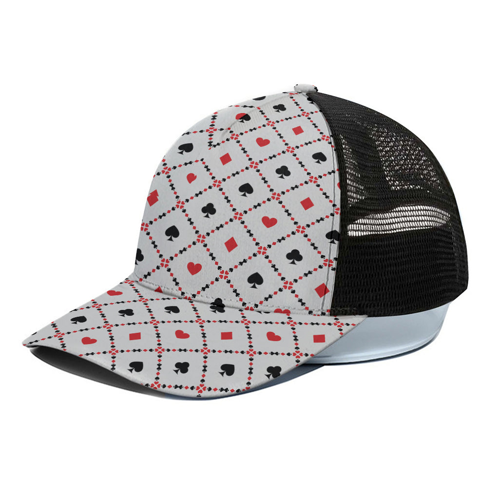 Poker Playing Card Suits Pattern Print Black Mesh Trucker Cap