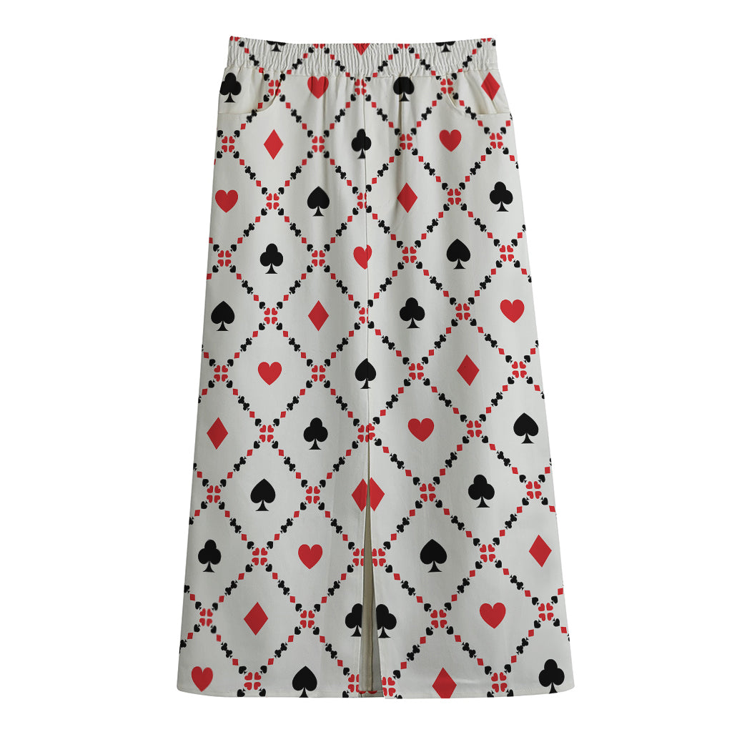 Poker Playing Card Suits Pattern Print Cotton Front Slit Maxi Skirt