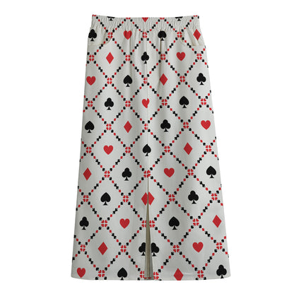 Poker Playing Card Suits Pattern Print Cotton Front Slit Maxi Skirt