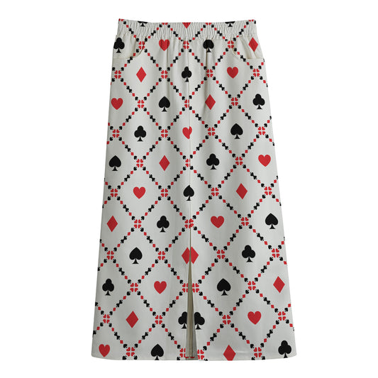 Poker Playing Card Suits Pattern Print Cotton Front Slit Maxi Skirt