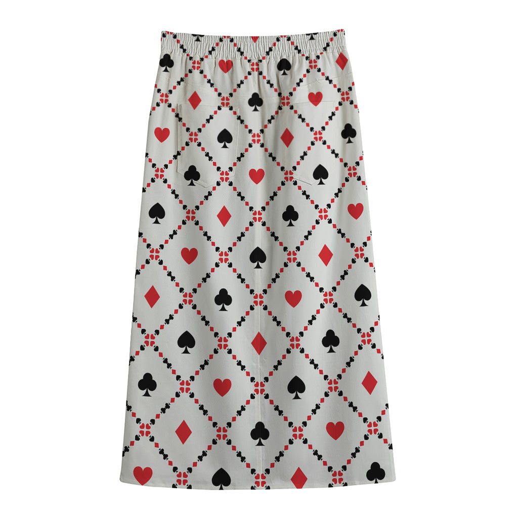 Poker Playing Card Suits Pattern Print Cotton Front Slit Maxi Skirt