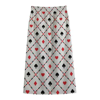 Poker Playing Card Suits Pattern Print Cotton Front Slit Maxi Skirt