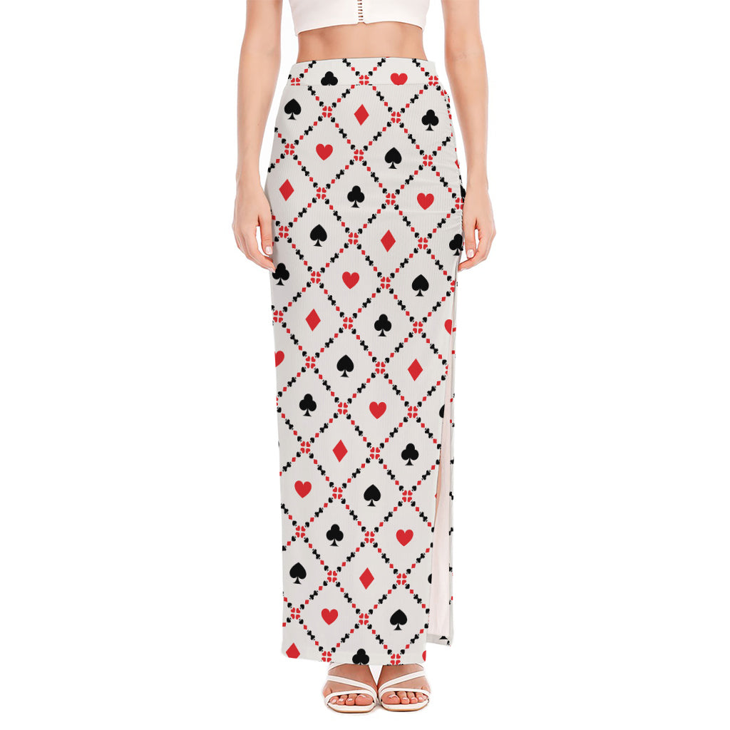 Poker Playing Card Suits Pattern Print High Slit Maxi Skirt