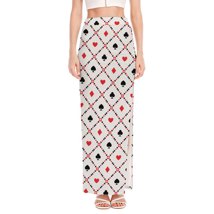 Poker Playing Card Suits Pattern Print High Slit Maxi Skirt