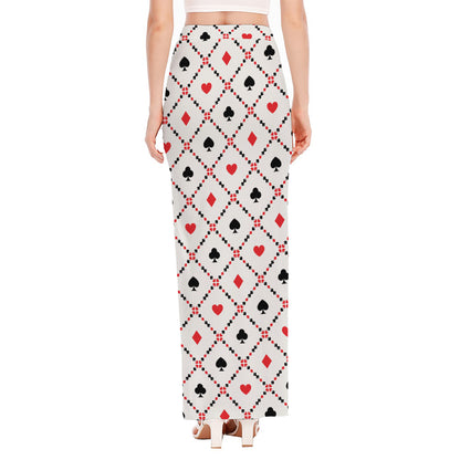 Poker Playing Card Suits Pattern Print High Slit Maxi Skirt