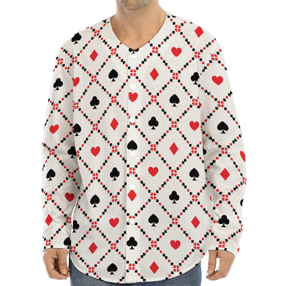 Poker Playing Card Suits Pattern Print Long Sleeve Baseball Jersey