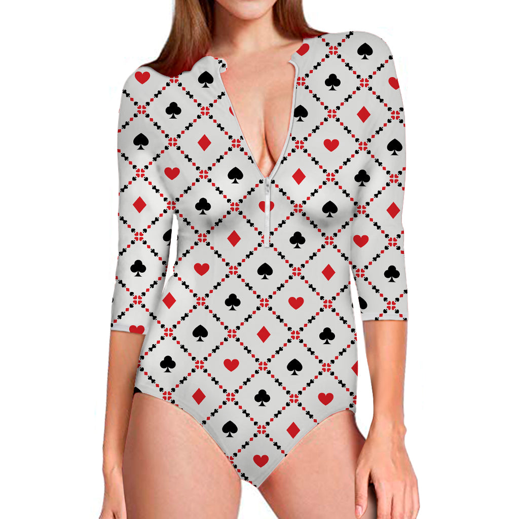 Poker Playing Card Suits Pattern Print Long Sleeve Swimsuit