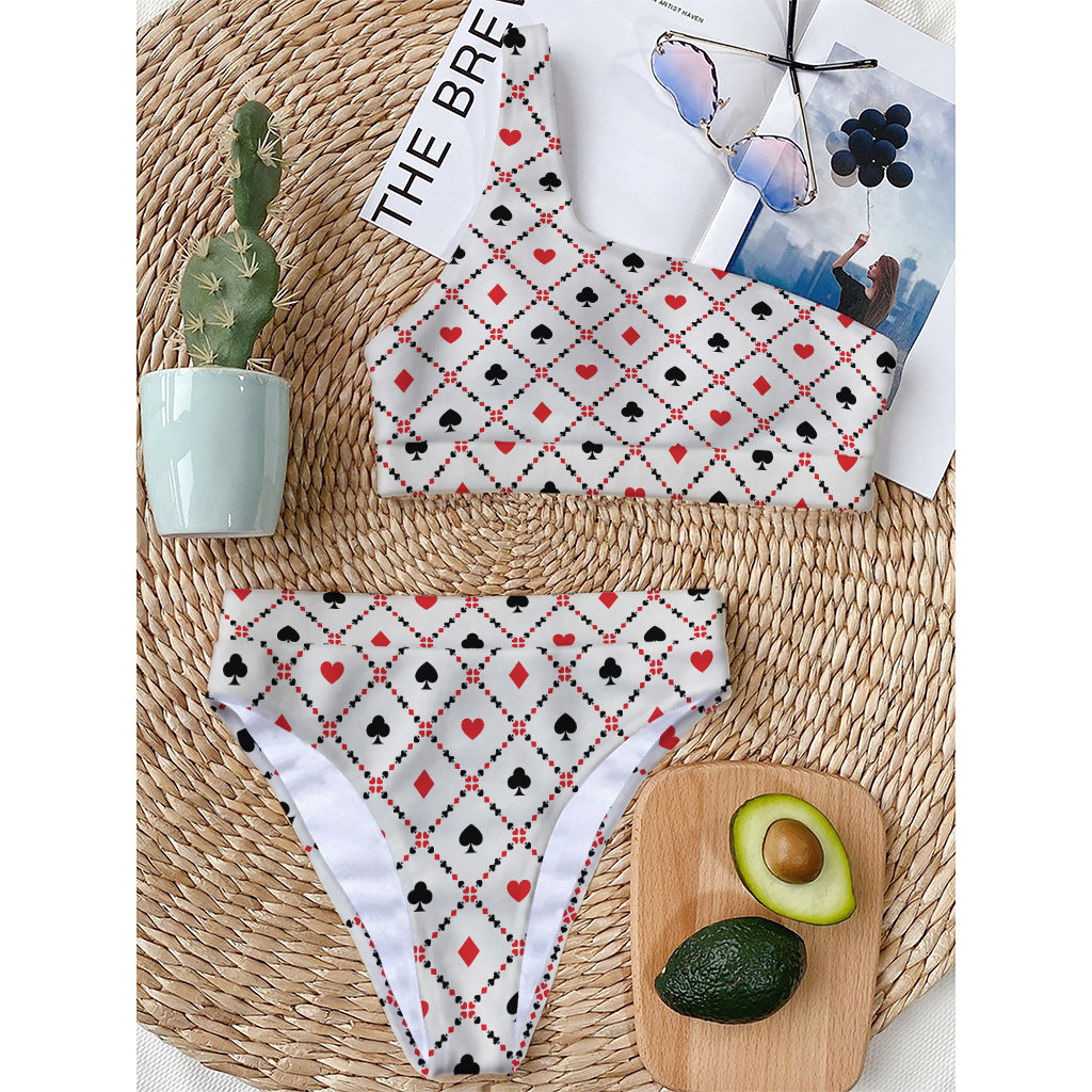 Poker Playing Card Suits Pattern Print One Shoulder Bikini Top