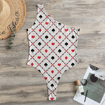 Poker Playing Card Suits Pattern Print One Shoulder Bodysuit