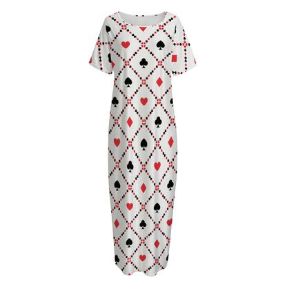 Poker Playing Card Suits Pattern Print Short Sleeve Long Nightdress