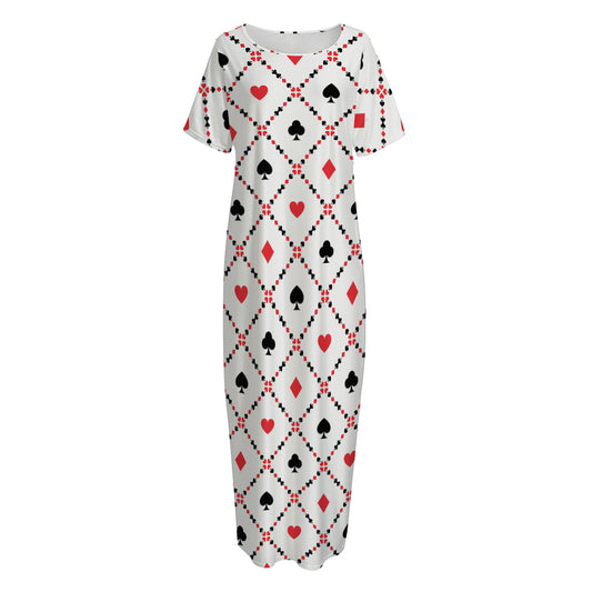 Poker Playing Card Suits Pattern Print Short Sleeve Long Nightdress