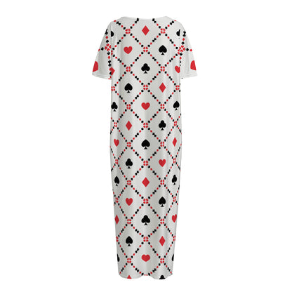 Poker Playing Card Suits Pattern Print Short Sleeve Long Nightdress