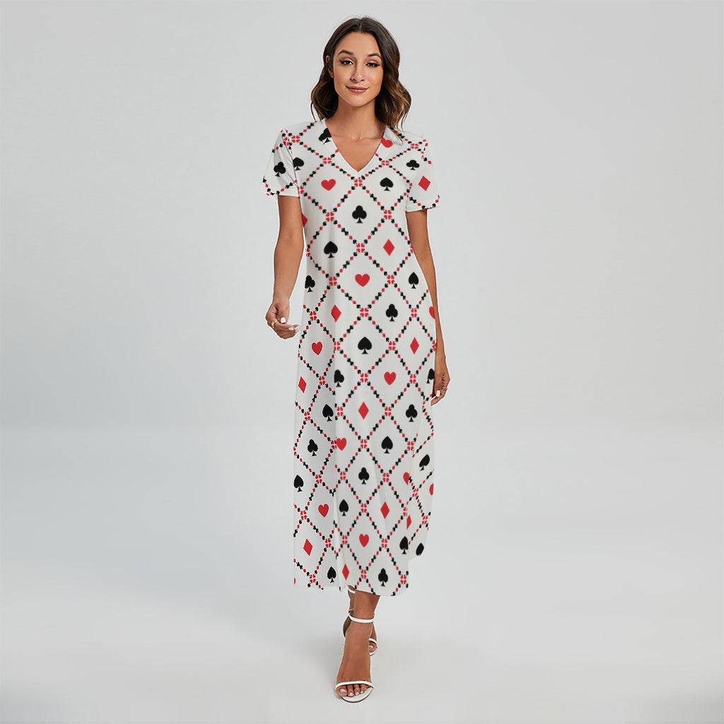 Poker Playing Card Suits Pattern Print Short Sleeve Maxi Dress