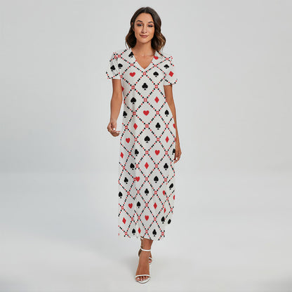 Poker Playing Card Suits Pattern Print Short Sleeve Maxi Dress