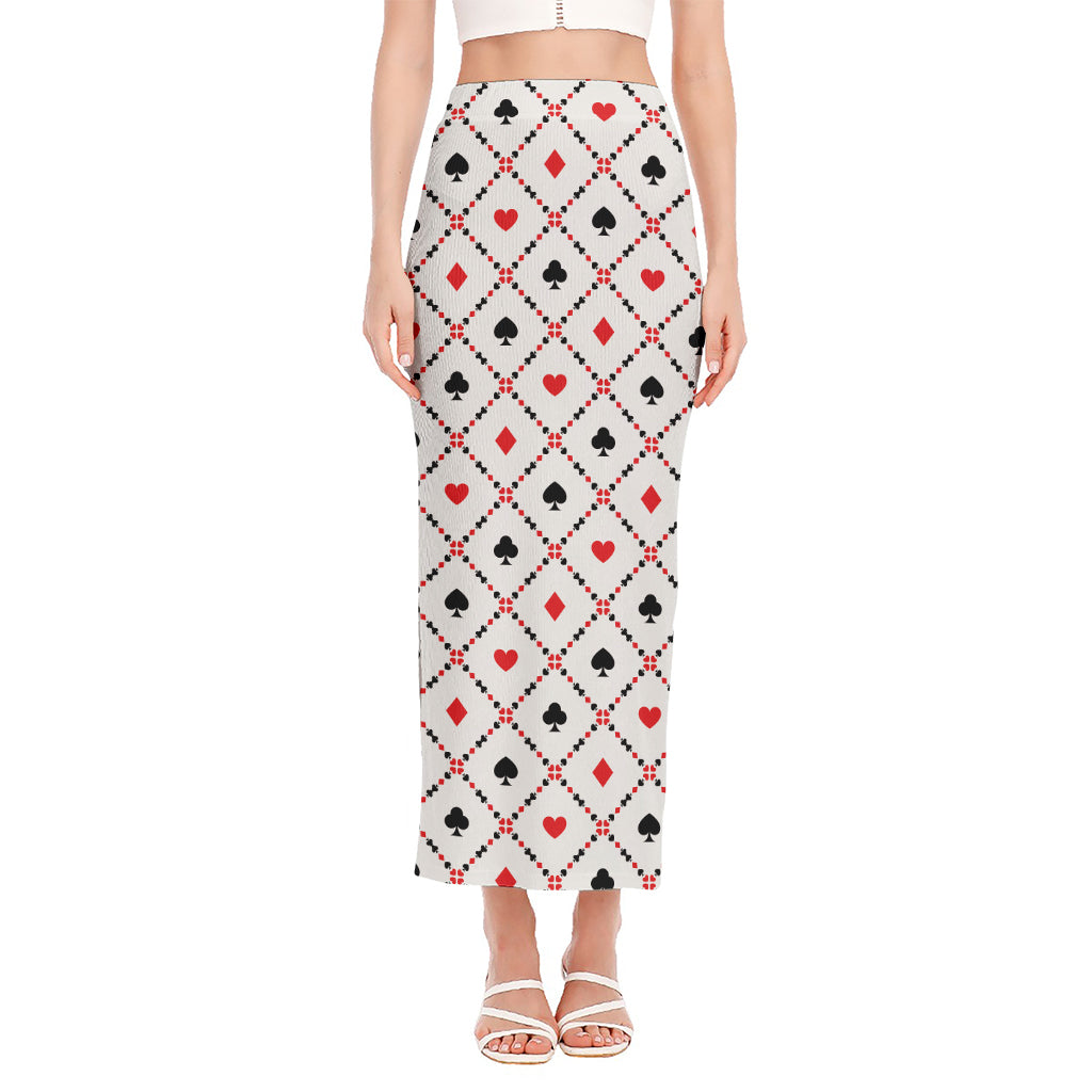 Poker Playing Card Suits Pattern Print Side Slit Maxi Skirt