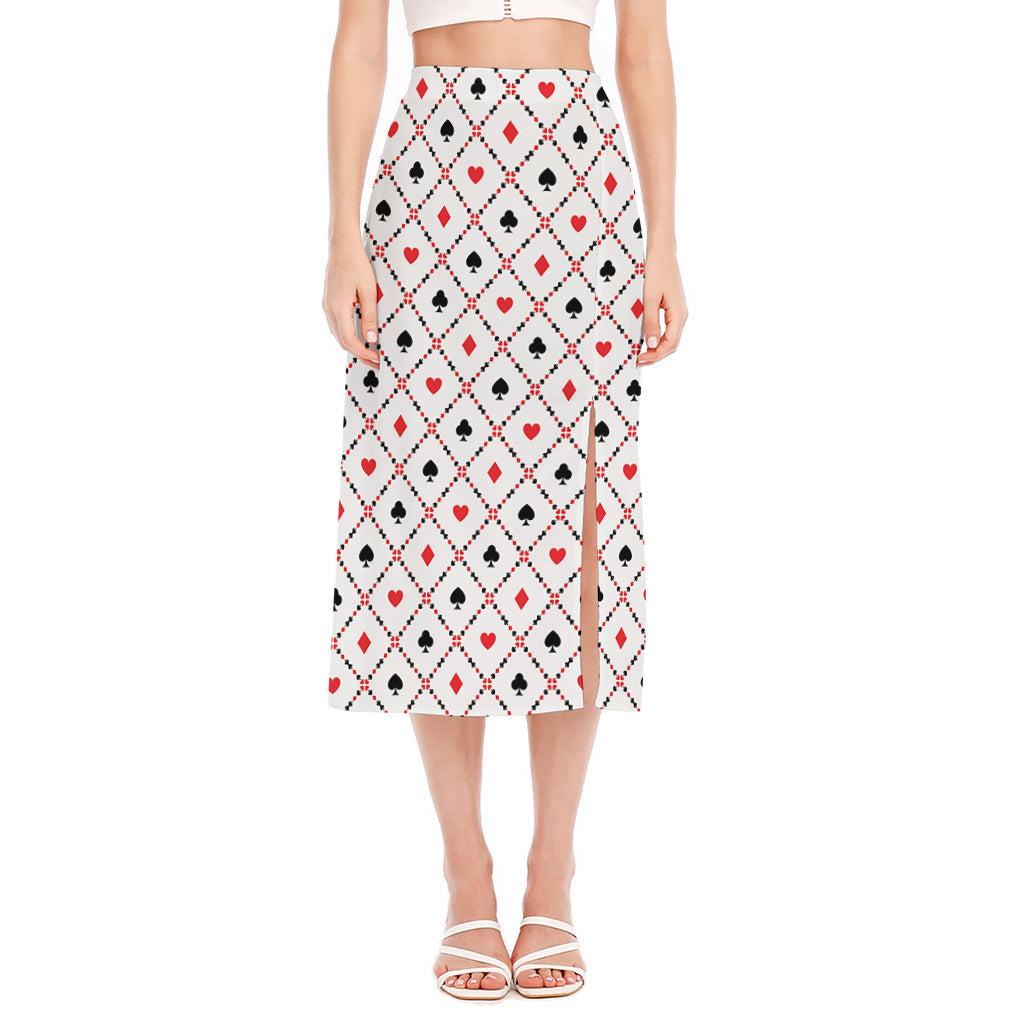 Poker Playing Card Suits Pattern Print Side Slit Midi Skirt