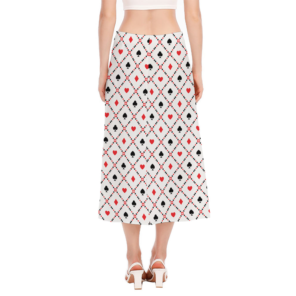 Poker Playing Card Suits Pattern Print Side Slit Midi Skirt