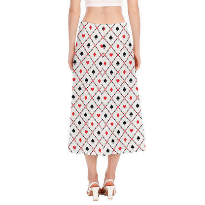 Poker Playing Card Suits Pattern Print Side Slit Midi Skirt