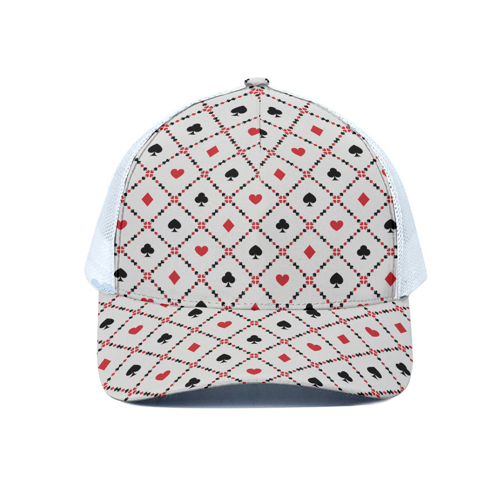 Poker Playing Card Suits Pattern Print White Mesh Trucker Cap