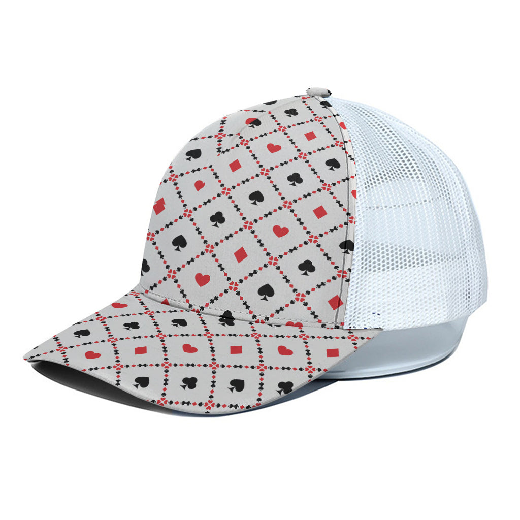 Poker Playing Card Suits Pattern Print White Mesh Trucker Cap