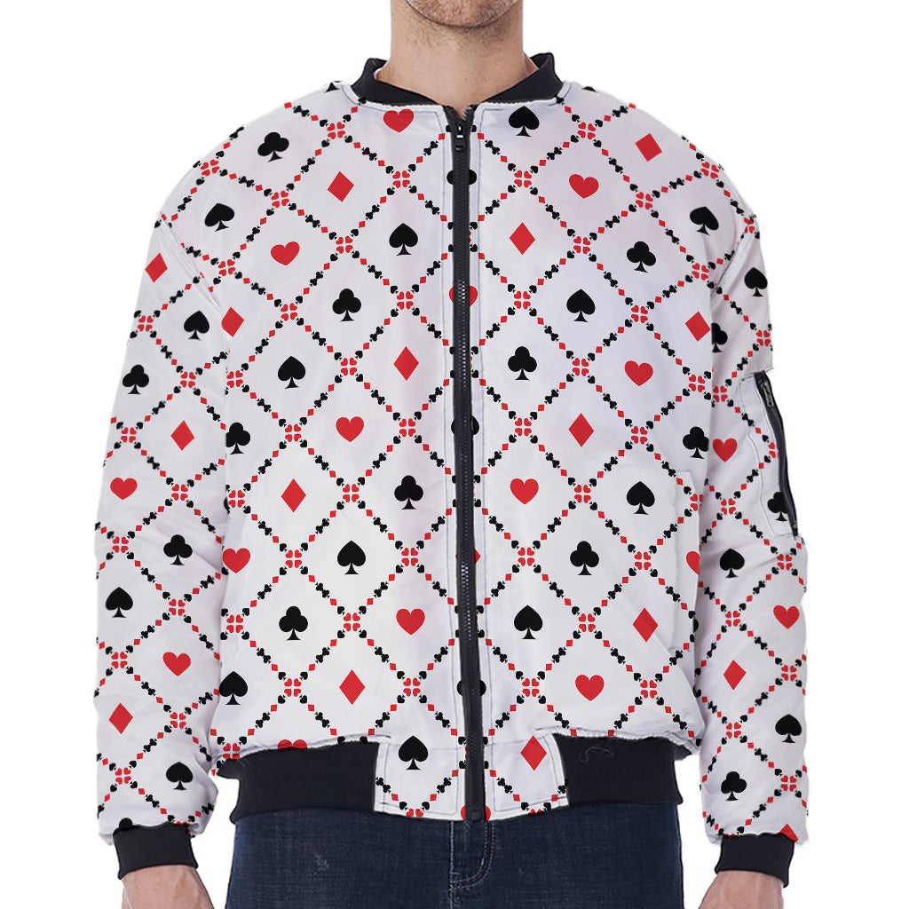 Poker Playing Card Suits Pattern Print Zip Sleeve Bomber Jacket