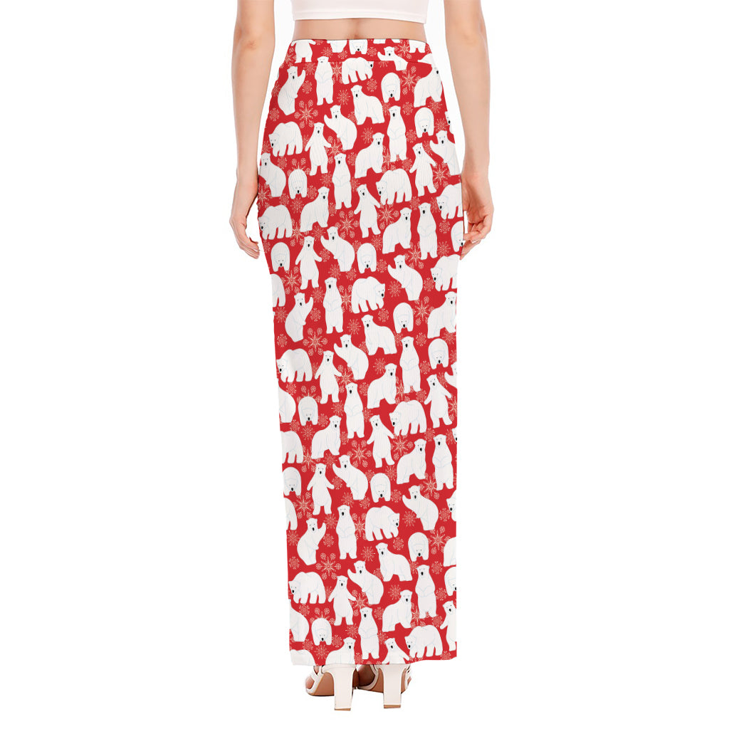 Polar Bear And Snowflake Pattern Print High Slit Maxi Skirt