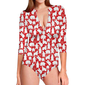 Polar Bear And Snowflake Pattern Print Long Sleeve Swimsuit