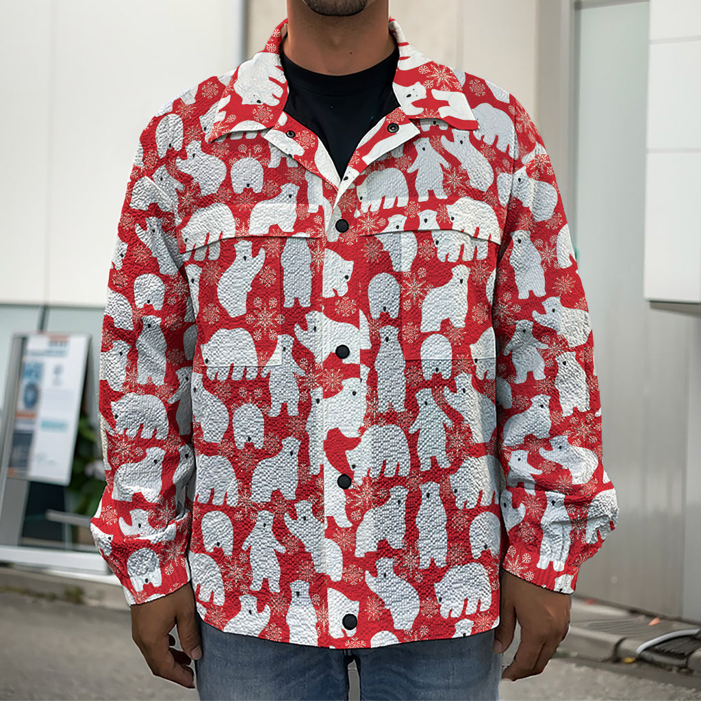 Polar Bear And Snowflake Pattern Print Men's Shirt Jacket