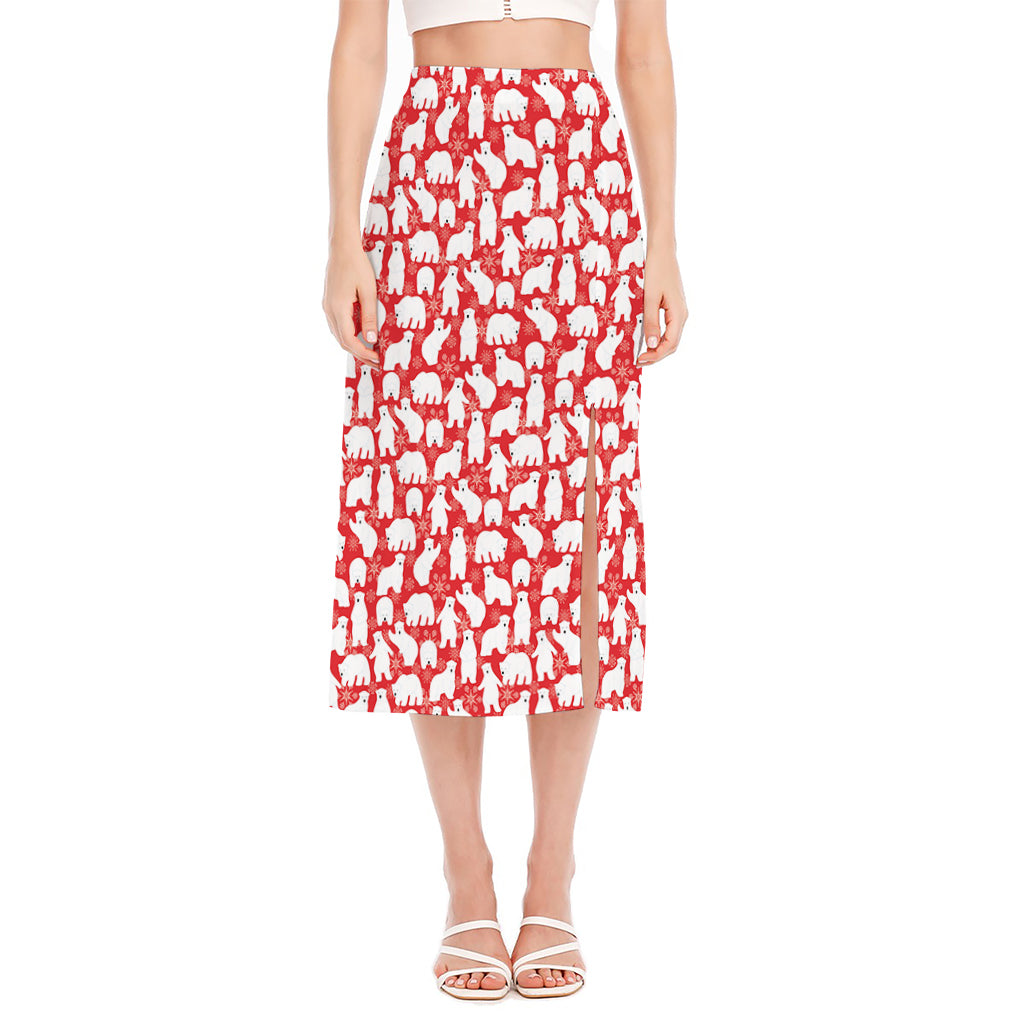 Polar Bear And Snowflake Pattern Print Side Slit Midi Skirt