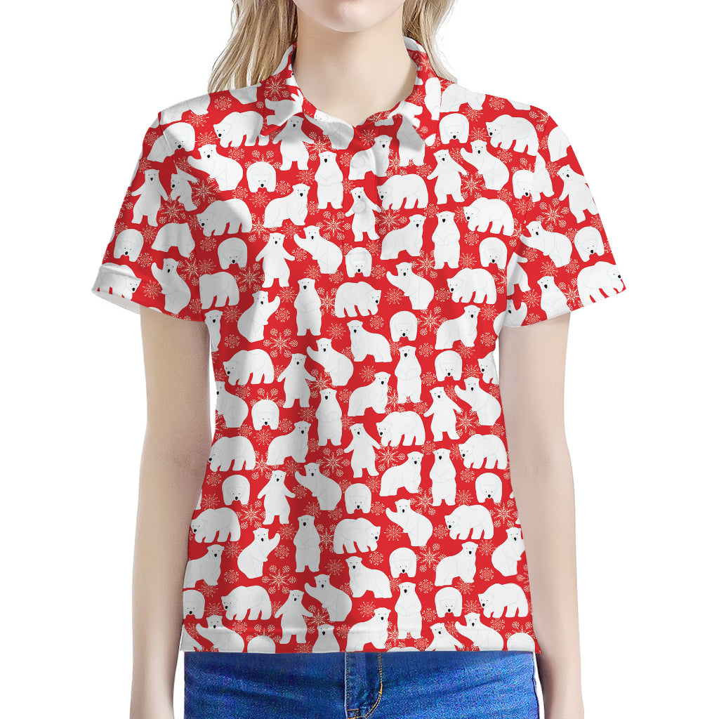 Polar Bear And Snowflake Pattern Print Women's Polo Shirt